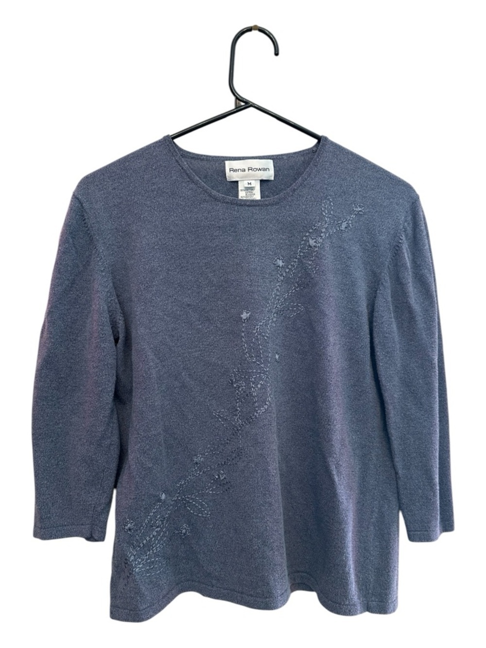 Vintage 90’s/Y2K Era Rena Rowan Floral Detail Blue Crew Neck Sweater Medium
